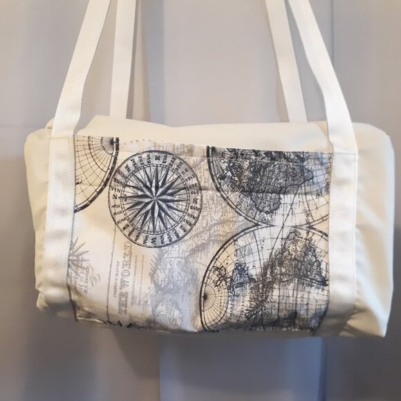 New Vinyl World Globe Compass Mini Duffle Tote Travel Bag Ivory gray Modern purs - Picture 6 of 9